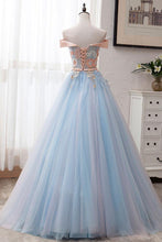 Blue Tulle Off-the-Shoulder Appliques Ball Gown Long Prom Dress JKP501
