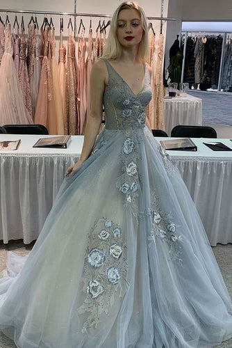 Gray V Neck Tulle Lace Appliques Long Prom Dress Formal Evening Dress JKQ5218|annapromdress