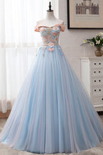 Blue Tulle Off-the-Shoulder Appliques Ball Gown Long Prom Dress JKP501