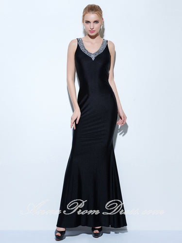 Black Prom Dresses V neck Floor-length Rhinestone Sexy Mermaid Prom Dress 270748