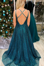 Glitter A-Line Teal Long Prom Dress with Spaghetti Straps GJS622