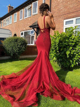 Sexy Red Mermaid Long Prom Formal Dresses with Appliques GJS370