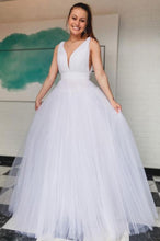 White Tulle V Neck A line Long Prom Formal Dresses GJS372