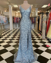 V-Neck Silver Sequin Mermaid Prom Dress With Side Slit GJS627