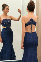 Mermaid Crew Sweep Train Navy Blue Lace Sleeveless Prom Dress with Appliques LR210