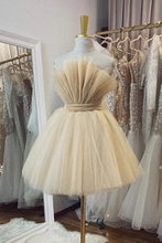 Open Back Strapless Champagne Tulle Short Prom Homecoming Formal Graduation Evening Dress GJS683