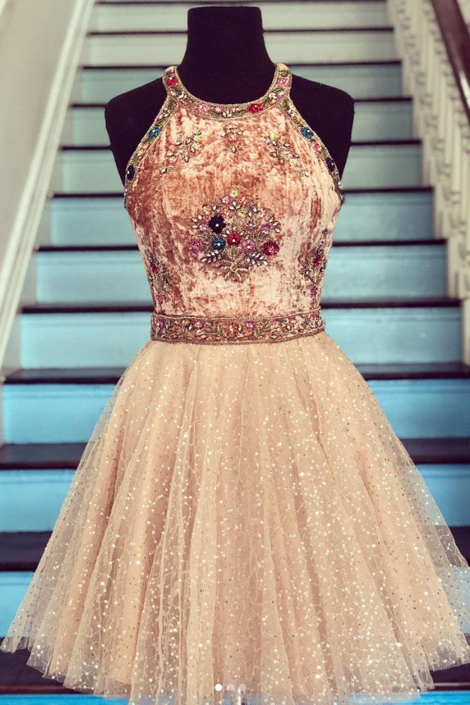 Champagne tulle beads short prom dress, champagne homecoming dress JKF012|Annapromdress