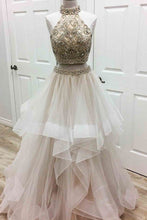 Unique two pieces tulle beads long prom dress, tulle evening dress