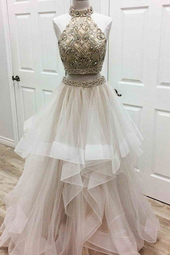 Unique two pieces tulle beads long prom dress, tulle evening dress