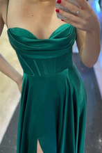 Elegant Green Satin Long Prom Dress with High Slit Formal Graduation Evening Dress GJS682