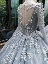 Romantic Light Grey Long Sleeves Floral Lace Applique Court Train  Ball Gown  GJS662