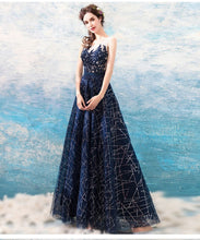 Fancy Blue A Line Sleeveless Open Back Long Prom Evening Dress GJS481
