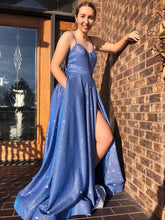 Spaghetti Straps Sweetheart Blue Tulle A-Line Long Sparkle Prom Dress JKS8423
