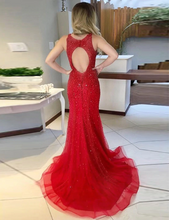 Sheath Red Open Back Scoop Sweep Train Prom Dress with Beading GJS674