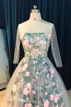 Unique gray round neck tulle applique long prom dress, evening dress