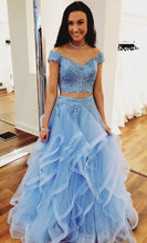 A Line Blue Lace Off the Shoulder Tulle Ruffled Beaded Two Piece Prom Dresses GJS266