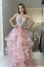 A-line Pink Tulle Beading Long Prom Evening Dress with Sleeveless GJS131