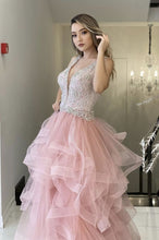 A-line Pink Tulle Beading Long Prom Evening Dress with Sleeveless GJS131