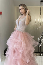 A-line Pink Tulle Beading Long Prom Evening Dress with Sleeveless GJS131