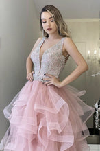A-line Pink Tulle Beading Long Prom Evening Dress with Sleeveless GJS131