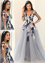Blue Sheer Sleeves Appliques A-Line Princess Tulle Prom Dresses GJS149