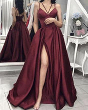 Spaghetti Straps V-neck A line Long Satin Split Prom Dresses GJS353