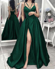 Spaghetti Straps V-neck A line Long Satin Split Prom Dresses GJS353