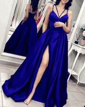 Spaghetti Straps V-neck A line Long Satin Split Prom Dresses GJS353