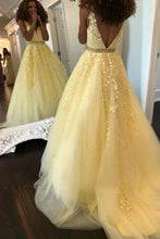 A-line V-neck Tulle Appliques Long Prom Dress JKQ127