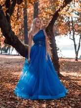Blue one shoulder tulle lace long prom dress, blue tulle formal dress GJS721