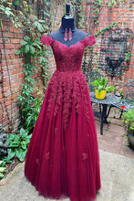 Burgundy off shoulder lace tulle long prom dress burgundy evening dress LBQX1118