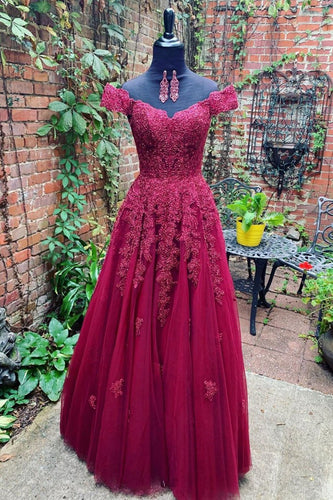 Burgundy off shoulder lace tulle long prom dress burgundy evening dress LBQX1118