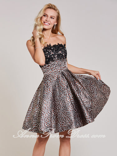 Sexy Homecoming Dress Strapless A line Appliques Black Short Prom Dress Print Party Dress 365228