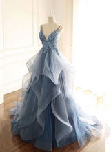 Gorgeous V Neck Spaghetti Straps Dark Blue Prom Dress With Ruffles GJS605