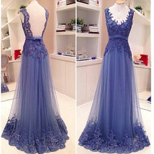 Blue Lace Open Back A-Line Elegant Vintage Formal Evening Gown Prom Dress GJS428