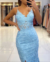 Chic Sleeveless V Neck Blue Aplliques Front-Split Mermaiad Prom Dresses  GJS184