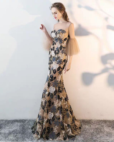 Exquisite Lace Illusion Half Sleeves Trumpet/Mermaid Prom Evening Dress JKR601