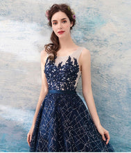 Fancy Blue A Line Sleeveless Open Back Long Prom Evening Dress GJS481