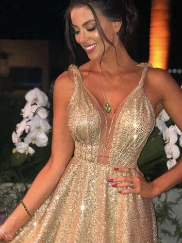 Gold Sequins A-Line V-neck Long Sparkle Prom Dress JKQ103