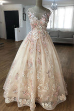 Champagne lace applique tulle long prom dress, tulle evening dress JKS015