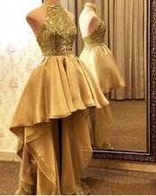 Gold High Low Sequin Organza  Halter Backless Formal Evening Party Gown Dress GJS609
