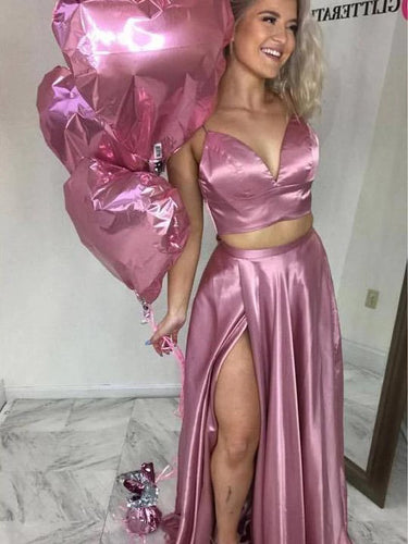 Knotting Spaghetti Straps Long Pink Prom Dress with Slit AN612
