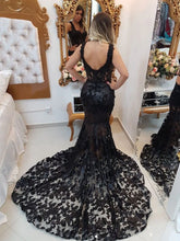Black v neck lace mermaid long prom dress, black evening dresses GJS713