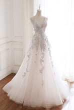 White V Neck Tulle Appliqued Long Prom Evening Dress JKP504