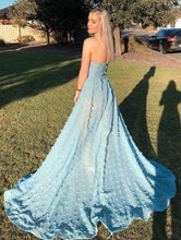 A-Line Strapless Sky Blue Lace High Split Long Prom Dress JKQ126