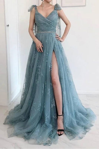 Gorgeous Tulle Sleeveless Dusty Blue Sweetheart High Split Prom Dresses GJS186