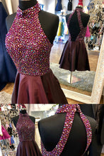 Grape Satin Halter Colorful Beaded Vintage Homecoming Dress Backless AN334|Annapromdress