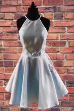 Light Blue Satin Halter Chic Embroidery Cute Homecoming Dress Short Graduation Dress AN620