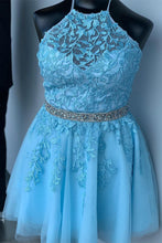 Halter Appliqued Beaded A-line Tulle Cute Homecoming Dress Short Prom Dress AN612|Annapromdress