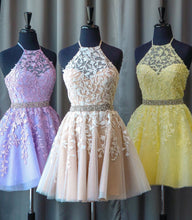 Halter Appliqued Beaded A-line Tulle Cute Homecoming Dress Short Prom Dress AN612|Annapromdress